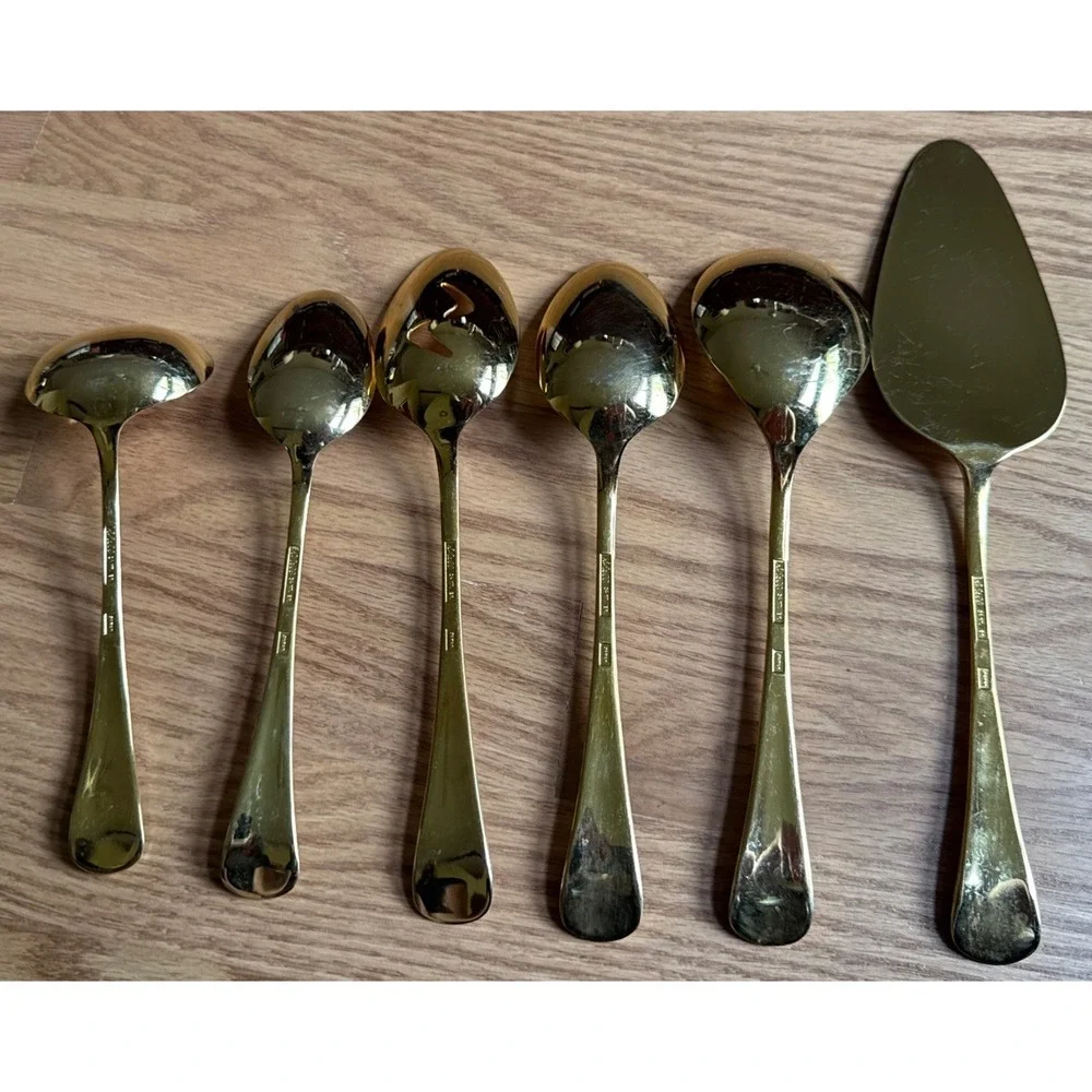 6pc Azuma Japan 24K Gold EP Hostess Set Pierced Vegetable Spoon Pie Server Ladle